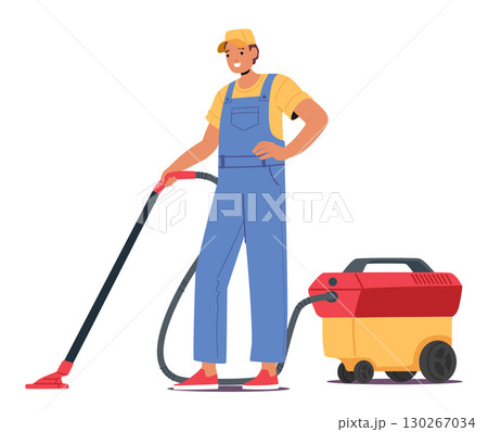 Young man cleaning service worker cartoon character vacuuming floor with professional equipment 130267034