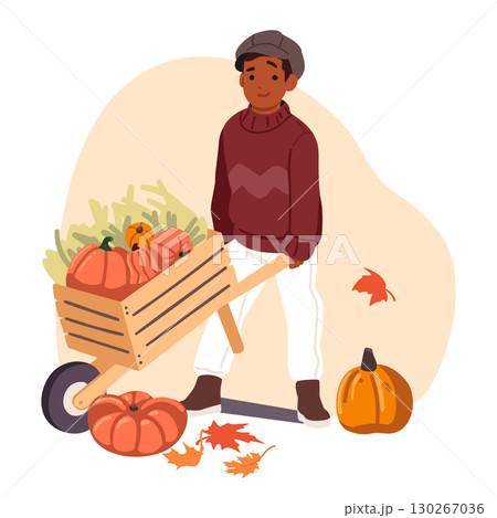 Little boy farmer cartoon character carrying wheelbarrow with ripe pumpkin autumn harvest scene 130267036