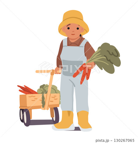 Cute preschool boy child cartoon character carrying carrot in wheeled cart isolated on white 130267065