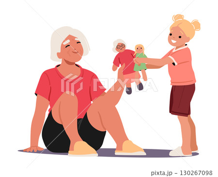Happy grandmother and girl child cartoon characters playing dolls together isolated on white Happy grandmother and girl child cartoon characters playing dolls together isolated on white 130267098