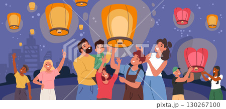 Happy family traditional Chinese paper lantern celebrating festival outdoors cartoon background 130267100