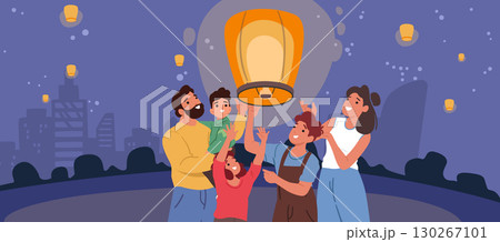 Parents and kids happy family flying Chinese paper lights making wishes vector illustration 130267101