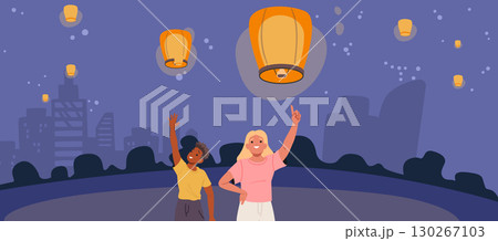 Happy children launching Chinese paper lanterns into evening sky cartoon vector illustration 130267103