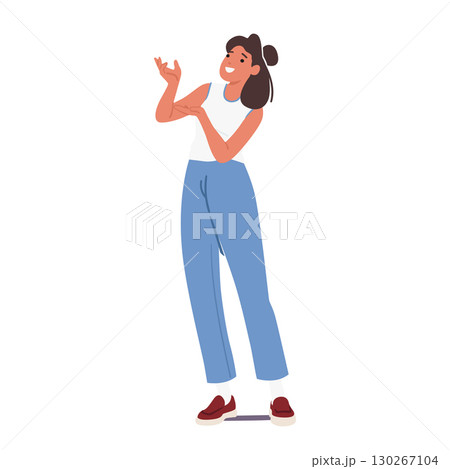 Young smiling woman cartoon character wearing casual apparel pointing at something isolated on white 130267104