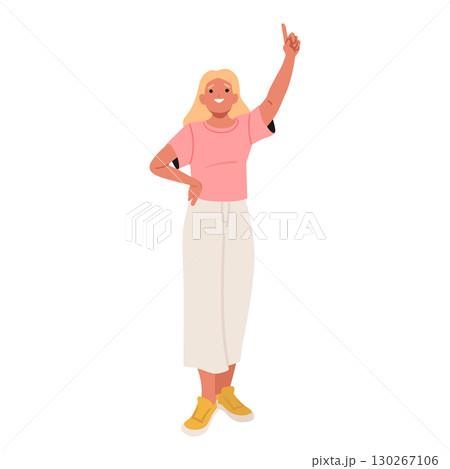 Happy smiling teenage girl cartoon child character standing with raised hand up isolated on white Happy smiling teenage girl cartoon child character standing with raised hand up isolated on white 130267106