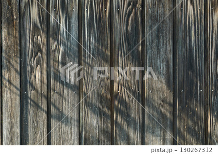 木の葉の影が落ちた杉板の壁のクローズアップ。伝統的な日本建築の背景用素材。 130267312