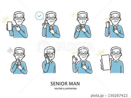 スマートフォンを操作する年配の男性のイラストセット スマートフォンを操作する年配の男性のイラストセット 130267422