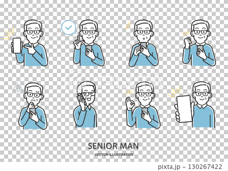 スマートフォンを操作する年配の男性のイラストセット スマートフォンを操作する年配の男性のイラストセット 130267422