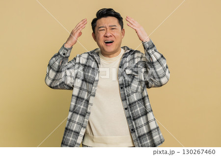 Sad mature man loses becoming surprised by lottery results bad fortune loss unlucky fortune news 130267460