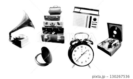 Realistic Halftone Effect Illustration of a Gramophone, Record Player, and Vintage Suitcases 130267536
