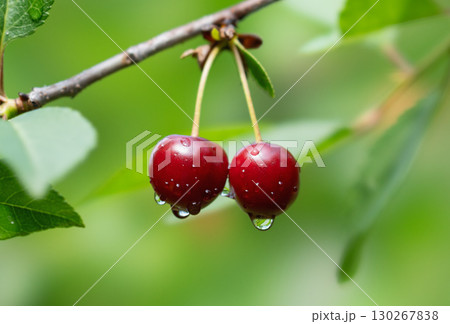 Cherry with dew and raindrops on the tree branch 130267838