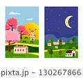 Set of illustrations in different periods of day and night. Rural landscape with buildings and houses during day and night. Blooming trees. Cows grazing in the pasture. Night landscape with moon and 130267866