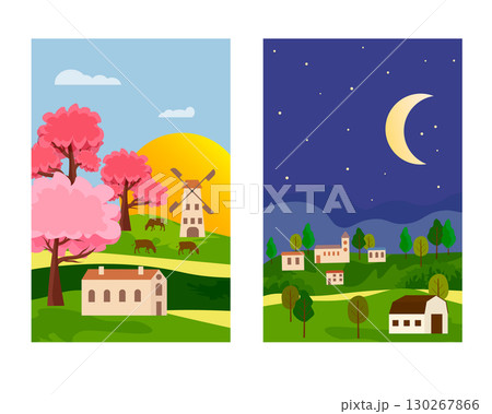 Set of illustrations in different periods of day and night. Rural landscape with buildings and houses during day and night. Blooming trees. Cows grazing in the pasture. Night landscape with moon and 130267866