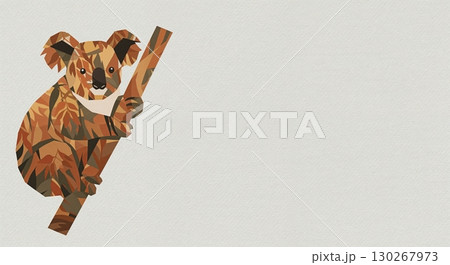 A stylized low-poly graphic of a koala bear composed of autumnal leaf patterns, clinging to a branch against a textured light gray background with ample copy space. 130267973