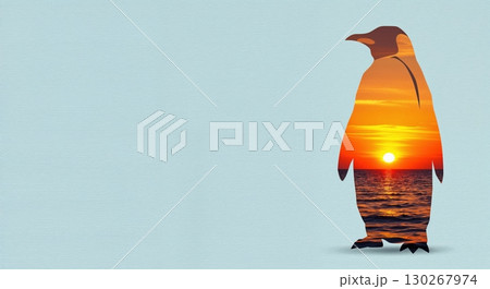 A stylized double exposure graphic features a majestic king penguin silhouette filled with a vibrant sunset over a calm ocean, set against a light blue textured background. 130267974