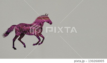 Stylized double exposure artwork showcases a galloping horse outline containing a field of rich purple flowers on a simple light-toned backdrop. 130268005