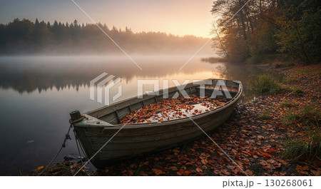 An old weathered wooden boat filled with autumn leaves rests on a misty lake shore during a serene golden sunrise, reflecting a dense forest. 130268061