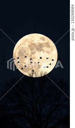 A striking graphic silhouette depicts a flock of birds flying across a luminous full moon, with a bare tree's branches reaching up from below against a dark night sky. 130268064