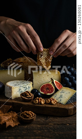 Hands gently hold a golden honeycomb dripping honey over an elegant display of artisan cheeses, fresh figs, crunchy walnuts, and dark grapes on a rustic wooden board, bathed in dramatic, low-key. 130268081