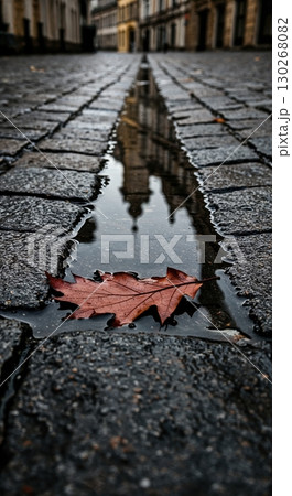 A vibrant reddish-brown autumn leaf rests in a narrow street puddle, reflecting blurred historic buildings on a wet, dark cobblestone path under overcast light. 130268082