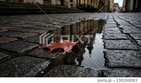 A low-angle macro view of a single reddish-brown autumn leaf resting in a small puddle on a dark, wet cobblestone street with blurred city buildings in the distance. 130268083