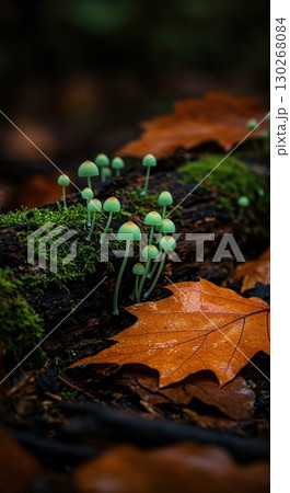 A vibrant cluster of small green mushrooms with light caps emerges from dark moss on a decaying log, surrounded by wet, orange autumn leaves on a forest floor with soft, diffused lighting. 130268084