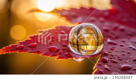 A macro view of a vibrant red autumn leaf covered in water droplets, with a large spherical droplet reflecting an inverted golden autumn park scene, set against a warm bokeh background. 130268087