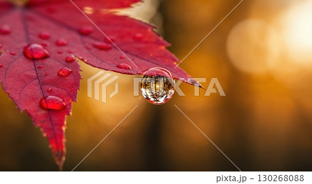 A vibrant red maple leaf is adorned with numerous clear water droplets, showcasing a large reflective drop at the tip mirroring an inverted autumn forest scene against a soft golden background. 130268088