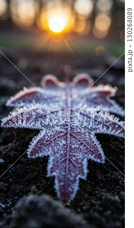 A hyperdetailed macro view of a vibrant red leaf covered in delicate white frost, resting on dark earth with a warm, glowing sun rising in the soft bokeh background. 130268089