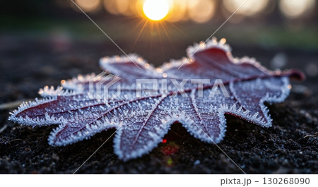 A macro perspective of a dark red leaf delicately covered with glistening white ice crystals resting on the ground, highlighted by a radiant sunbeam. 130268090