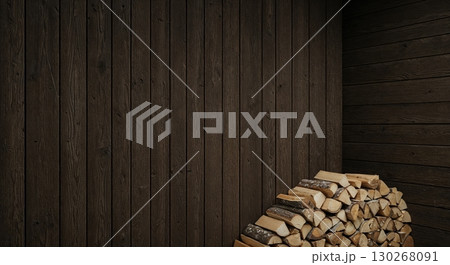 A neatly stacked pile of natural firewood logs sits in the corner of a rustic room with dark vertical and horizontal wooden plank walls, providing a warm, cozy background. 130268091