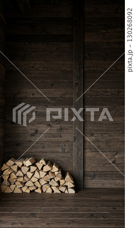 A neatly stacked pile of light-colored firewood rests on a dark wooden floor against a rustic plank wall, creating a cozy, natural interior scene. 130268092