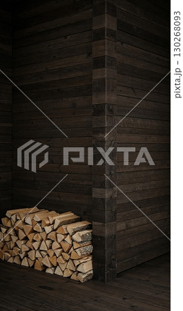 A neatly stacked pile of light-colored firewood rests on a dark wooden floor against dark slatted walls, creating a rustic and cozy interior corner. 130268093