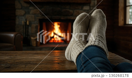 Person's legs in warm knitted socks and blue jeans rest comfortably on a rustic wooden table in front of a cozy stone fireplace with a glowing fire, creating a relaxing winter atmosphere. Person's legs in warm knitted socks and blue jeans rest comfortably on a rustic wooden table in front of a cozy stone fireplace with a glowing fire, creating a relaxing winter atmosphere. 130268178