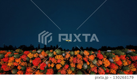 A vibrant aerial view showcases a lone yellow kayak with a person paddling on deep blue water, bordered by a stunning autumn forest featuring red, orange, and green foliage. A vibrant aerial view showcases a lone yellow kayak with a person paddling on deep blue water, bordered by a stunning autumn forest featuring red, orange, and green foliage. 130268179