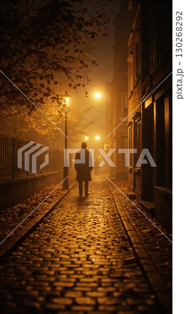 A mysterious person in a hat and long coat walks down a foggy, gaslit cobblestone alleyway at night, illuminated by warm streetlights and surrounded by autumn leaves. 130268292