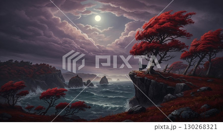 A solitary cloaked figure stands on a dramatic coastal cliff overlooking a turbulent ocean, surrounded by vibrant red autumn trees under a full moon and stormy sky. 130268321