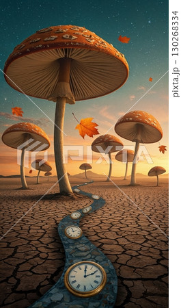 A surreal autumn dreamscape showcases immense mushroom forms and a winding river of embedded clocks stretching across cracked earth beneath a twilight sky. 130268334