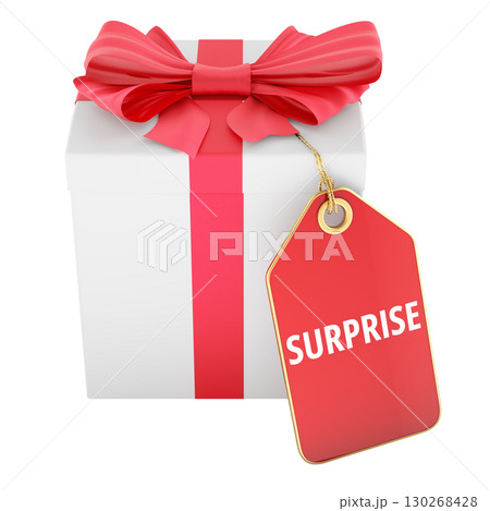 Gift box with surprise tag. 3D rendering Gift box with surprise tag. 3D rendering 130268428