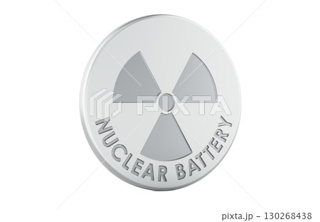 Nuclear battery coin cell with radioactive symbol. 3D rendering Nuclear battery coin cell with radioactive symbol. 3D rendering 130268438