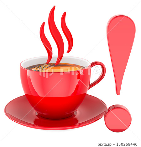 Red coffee cup with hot drink, steam waves and exclamation mark. 3D rendering 130268440