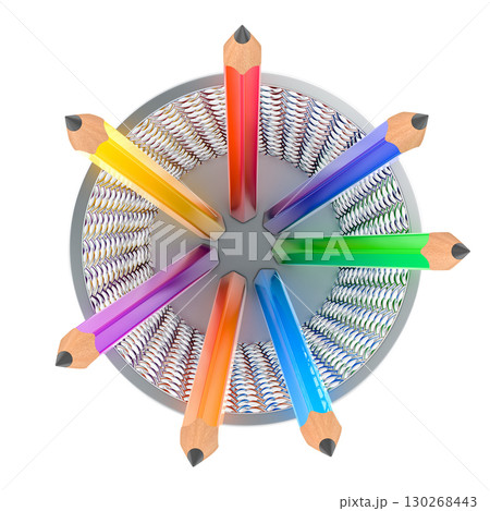 Colored pencils in metal mesh holder, top view. 3D rendering 130268443
