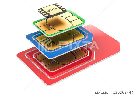 Colored SIM cards and eSIM stack. 3D rendering 130268444