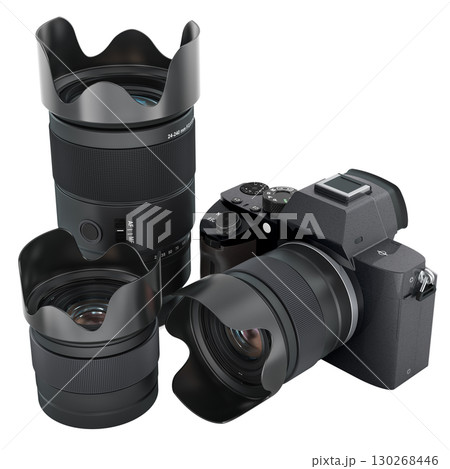 Digital camera and three lenses with petal lens hoods, professional photography equipment, 3D rendering 130268446