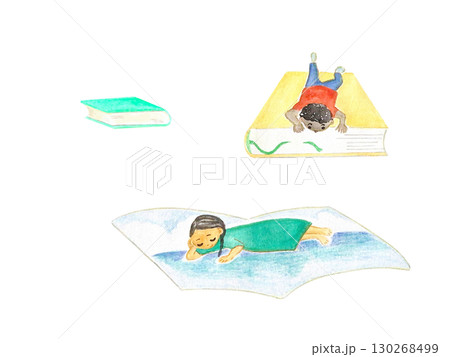 本を読んで心の旅をする子ども達の水彩画イラスト 130268499