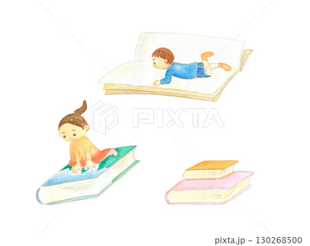 本を読んで心の旅をする子ども達の水彩画イラスト 本を読んで心の旅をする子ども達の水彩画イラスト 130268500