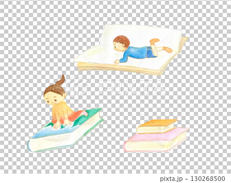 本を読んで心の旅をする子ども達の水彩画イラスト 本を読んで心の旅をする子ども達の水彩画イラスト 130268500