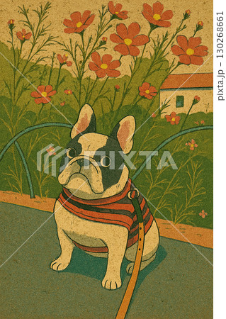 フレンチブルドッグと秋のコスモス／レトロ調デザイン 130268661