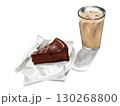 ケーキとコーヒーの組み合わせ　ガトーショコラとアイスカフェラテのおしゃれな手描きイラスト 130268800