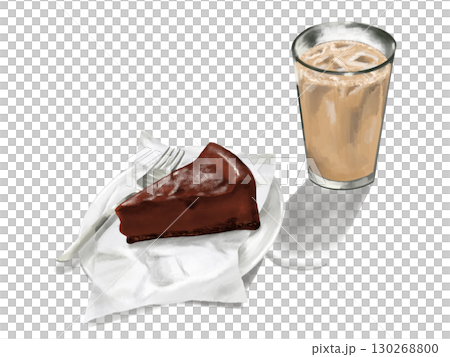 ケーキとコーヒーの組み合わせ　ガトーショコラとアイスカフェラテのおしゃれな手描きイラスト 130268800